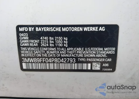 2023 BMW 330I xDrive z USA, uszkodzony, nr VIN 3MW89FF04P8D42793